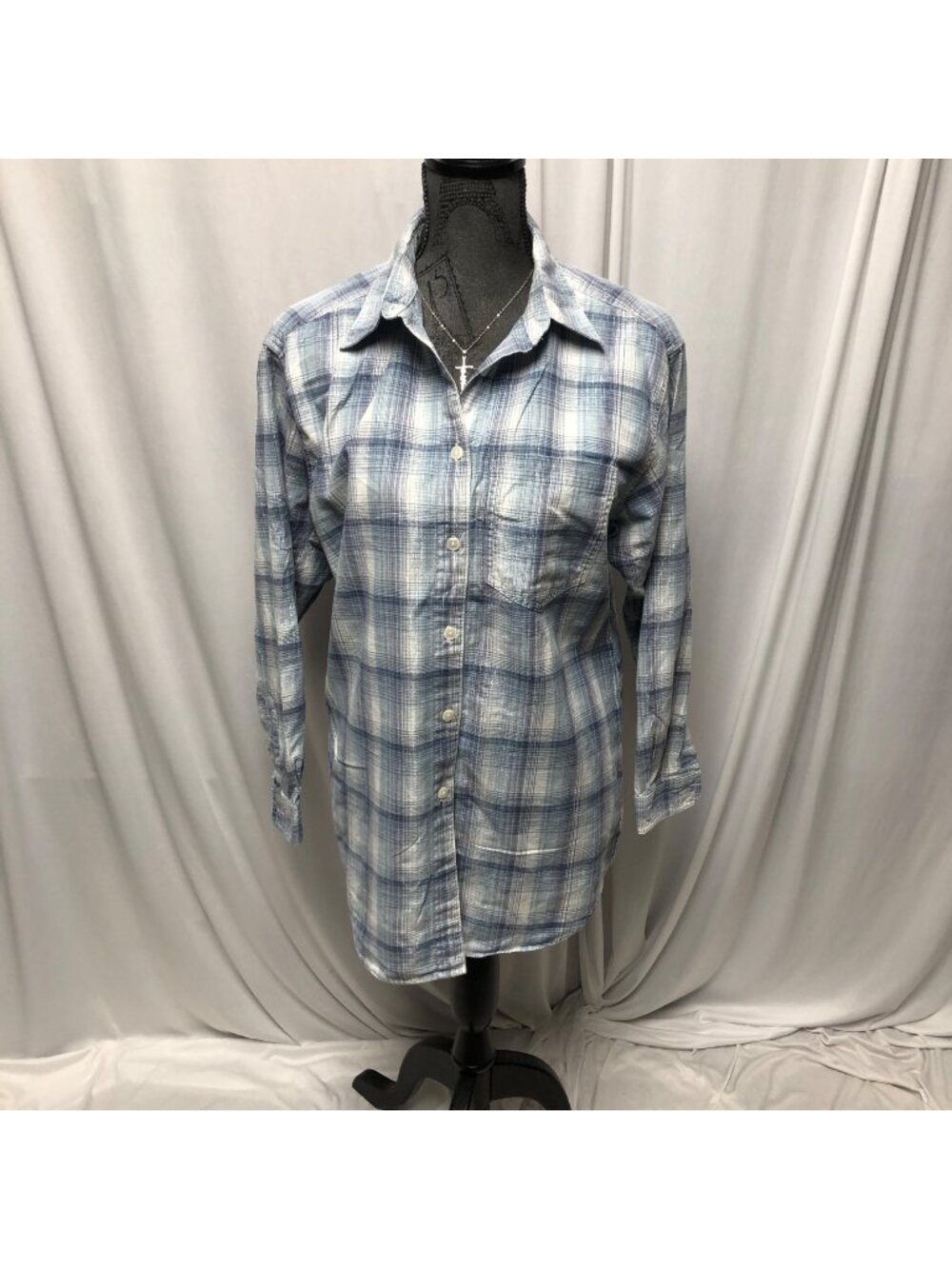 Lemon Grass Plaid Shirt Womens Size Medium Blue Silver Button Up Long Sleeve